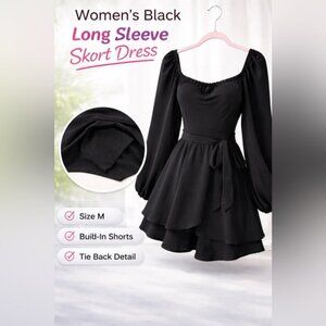 Women's Black Long Sleeve Skort Dress Size M Sweetheart Neck Tie Back Romper